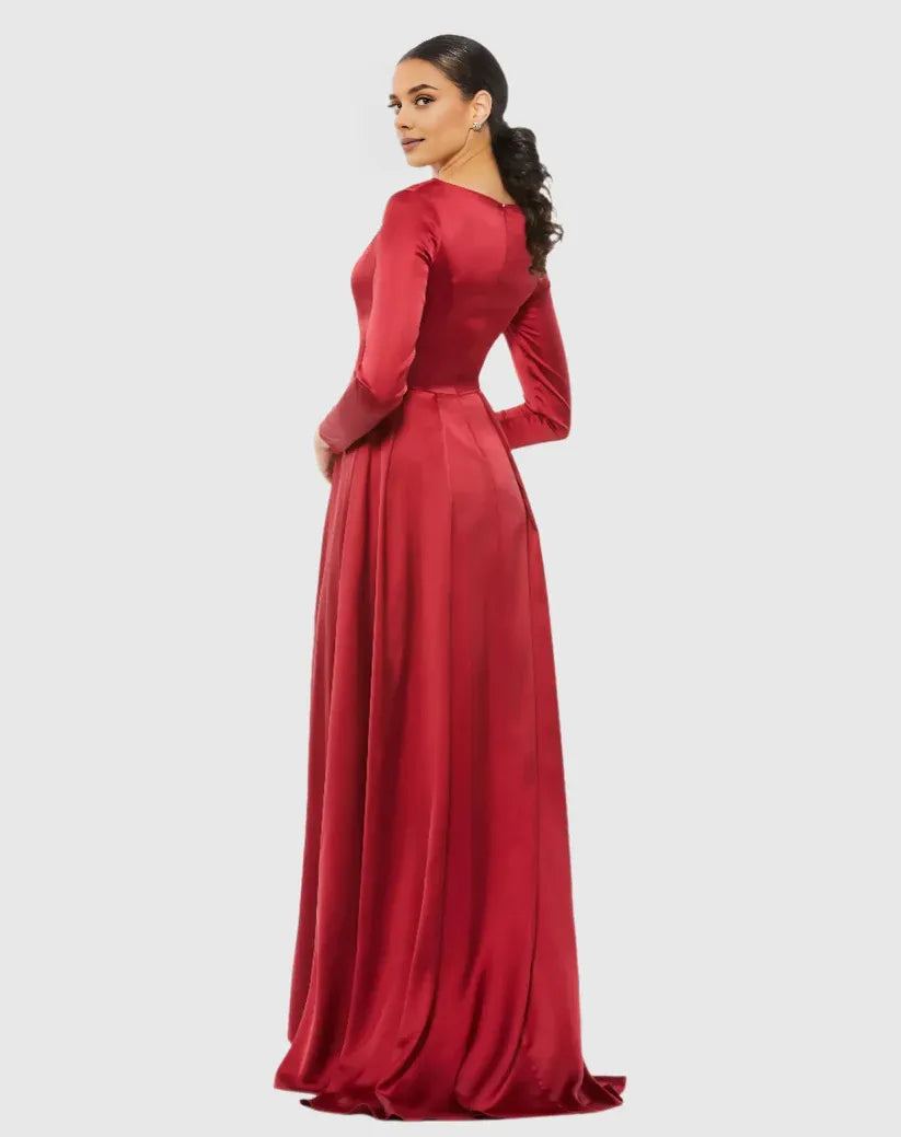 Simple A-Line V Neck Long Sleeve Zipper Up Sweep/Brush Train Prom Dress